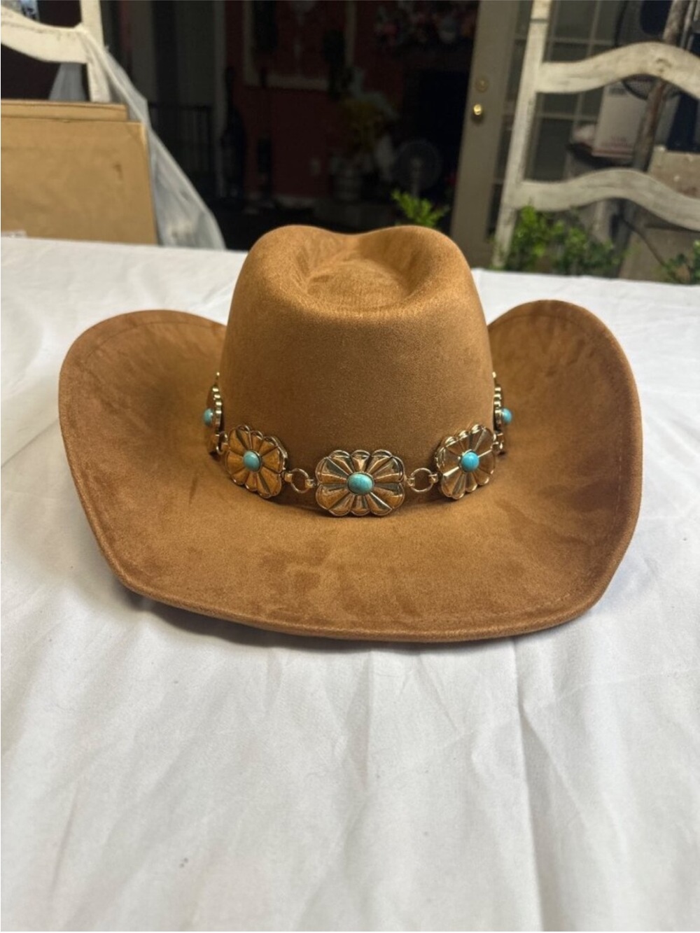 Brown Western Cowboy Hat with Turquoise Concho Band - Picture 6 of 6